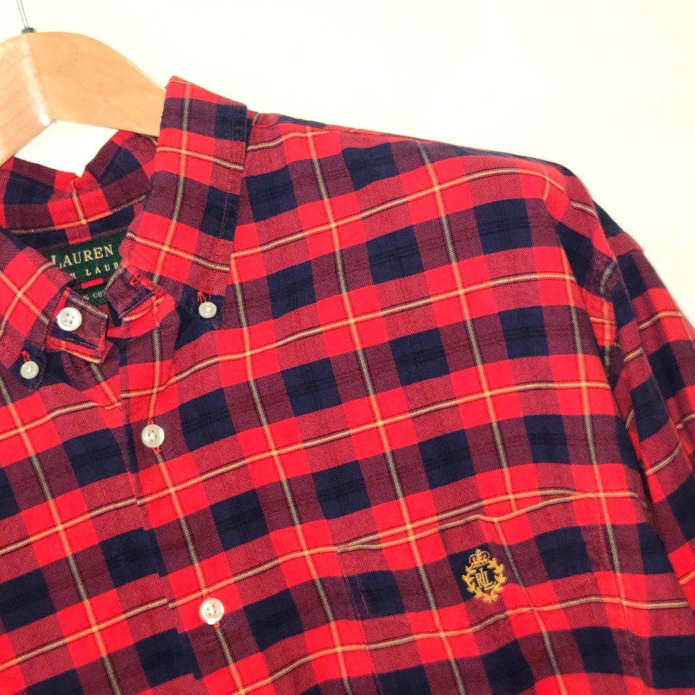 Lauren Ralph Lauren Button Down Shirt Mens XL Red Navy Plaid Crest Logo Cotton